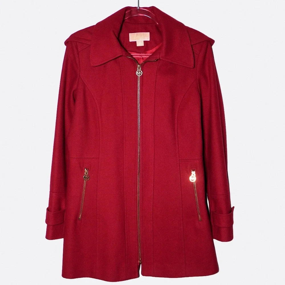 Michael Kors Ruby Red Wool Hooded Zip Coat Jacket 0X L Designer Quiet‎ Luxury